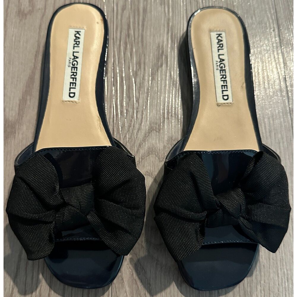 Karl Lagerfeld Rosie Black Leather/Textile Fabric Bow Ladies Flats Women's Sz 6